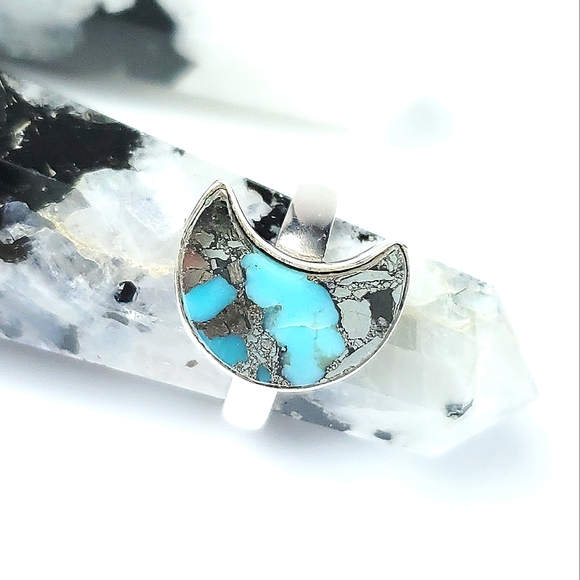 Sterling Silver Turquoise and Pyrite Crescent Moon Ring Size 7 - Picture 7 of 16